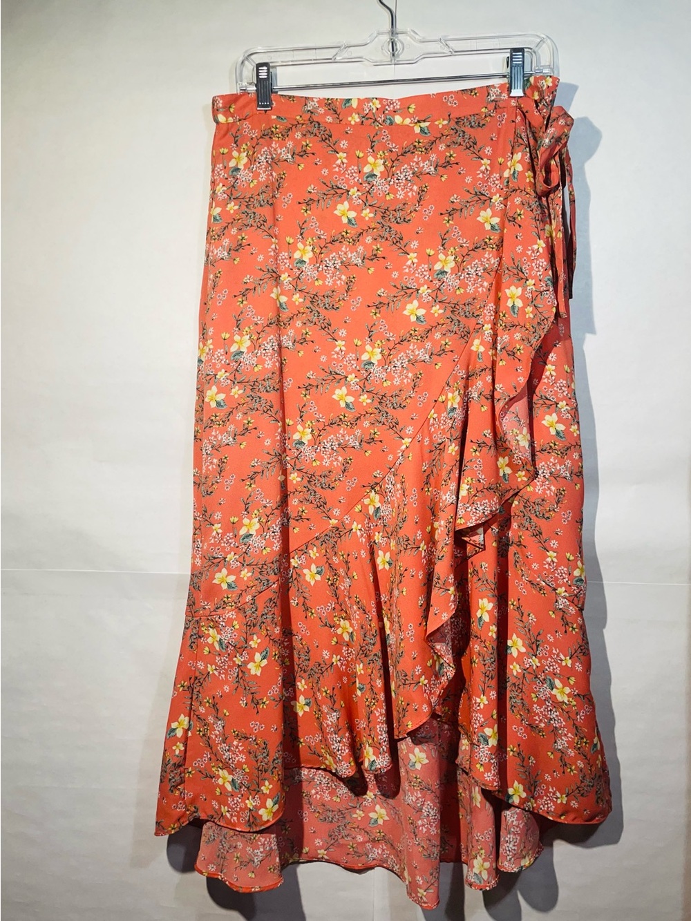 NWT Max Studio Large Coral Floral Wrap Skirt with Ruffle High-Low Hemline